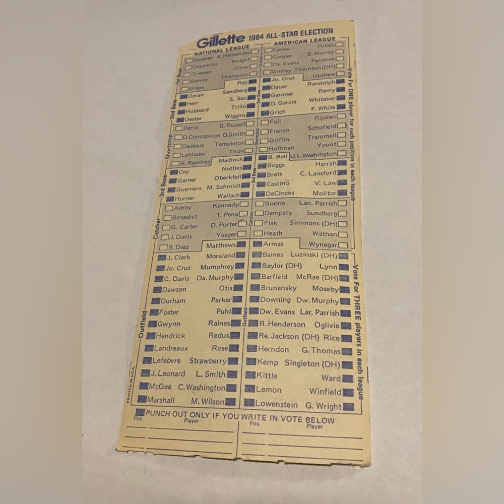 Gillette 1984 All-Star Election American National Leagues official Ballot